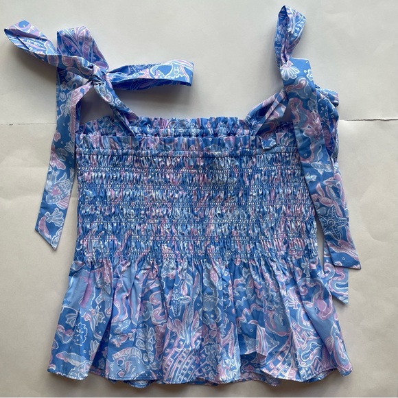 FINAL PRICE NWT Lilly Pulitzer Rivera Top Sz Medium Smocked Sea What I Sea Blue - Picture 2 of 9